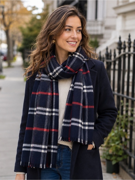 Accessories - Italian Plaid Scarf Navy Red White | Made in France Acrylic Wrap Classic Winter
